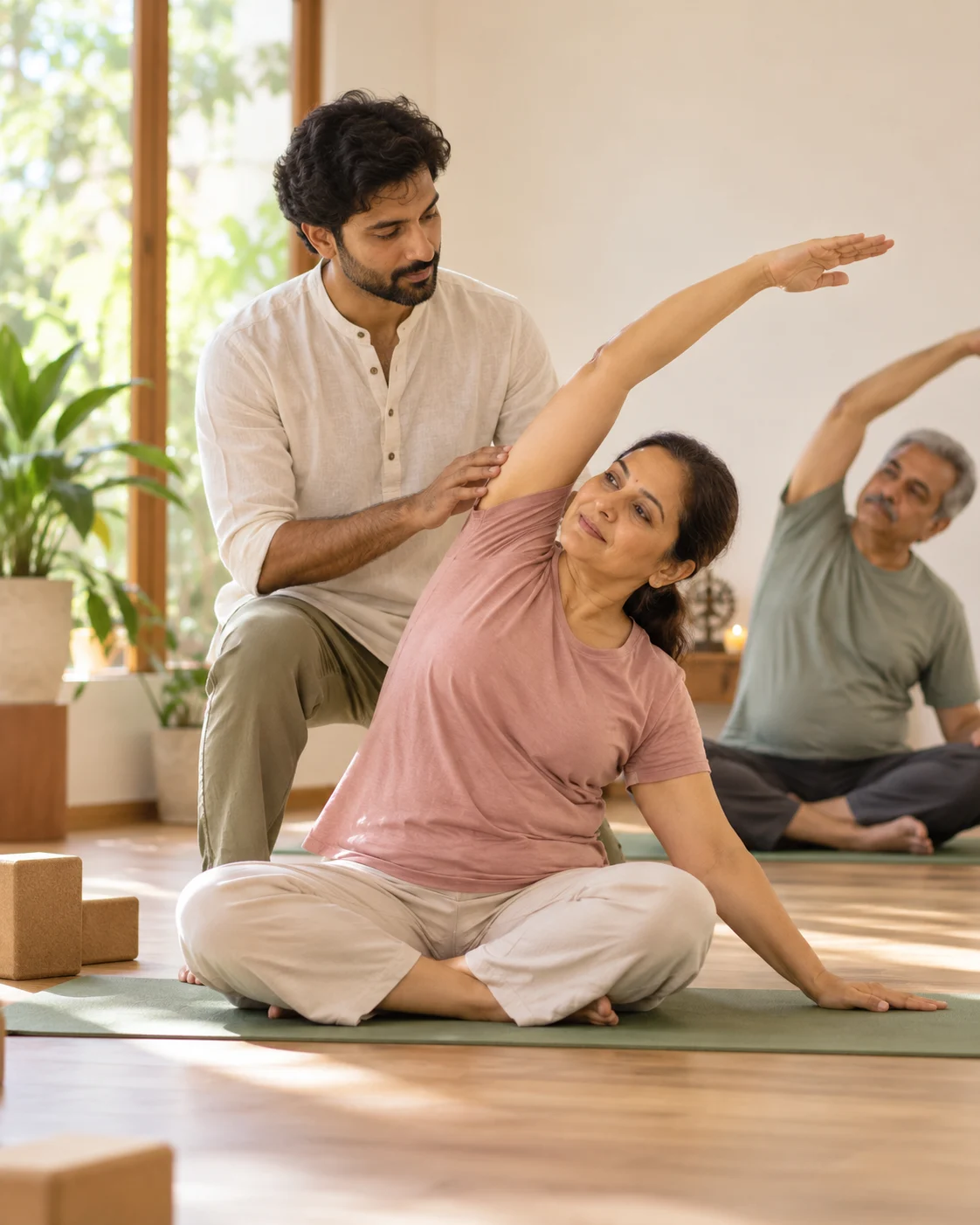 Teacher guiding a mature student through a side stretch in a diabetes yoga class