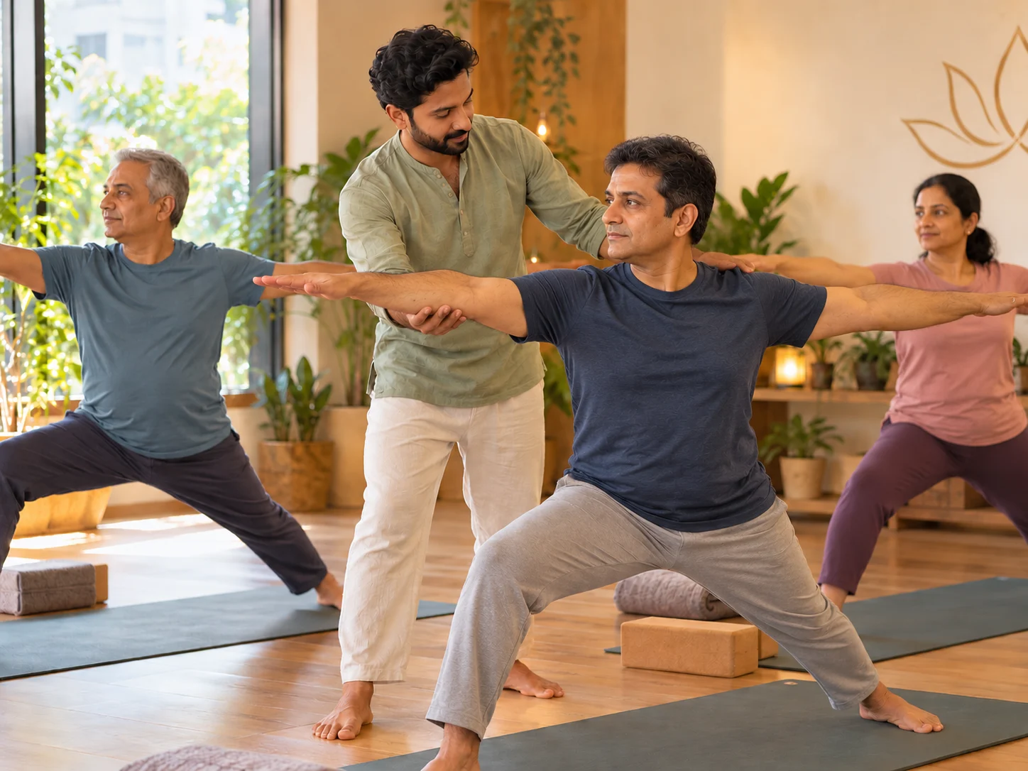 Group holding warrior pose in a morning class