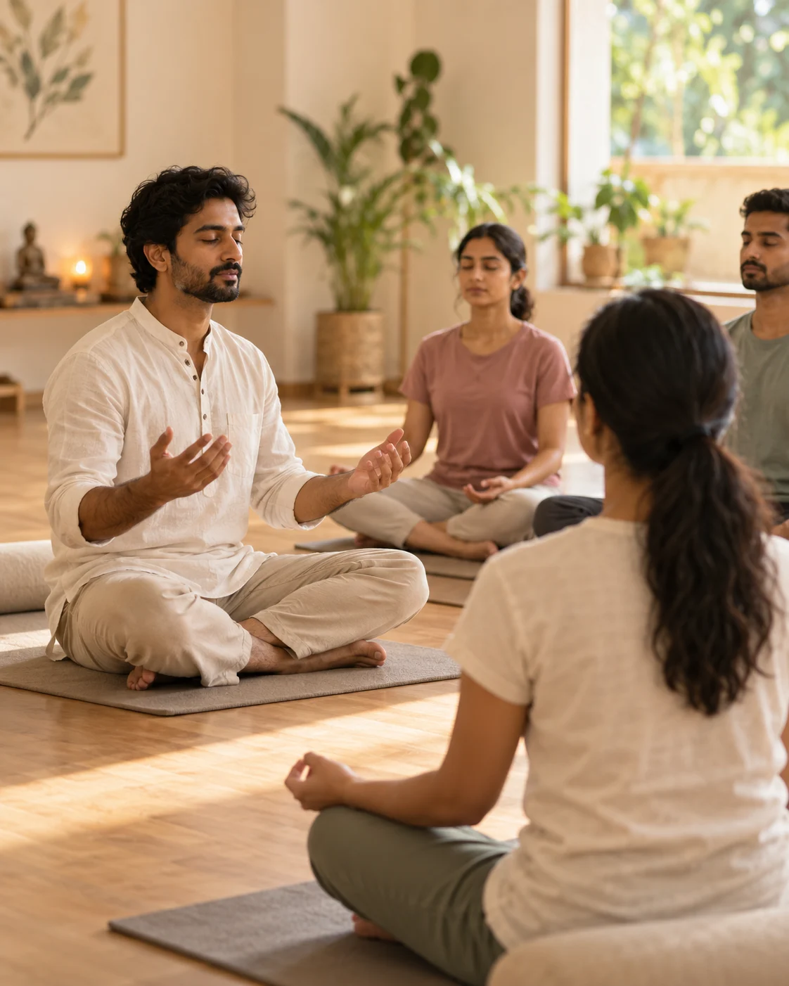 Teacher leading a small group in seated guided meditation at Anahat Yoga studio, Baner