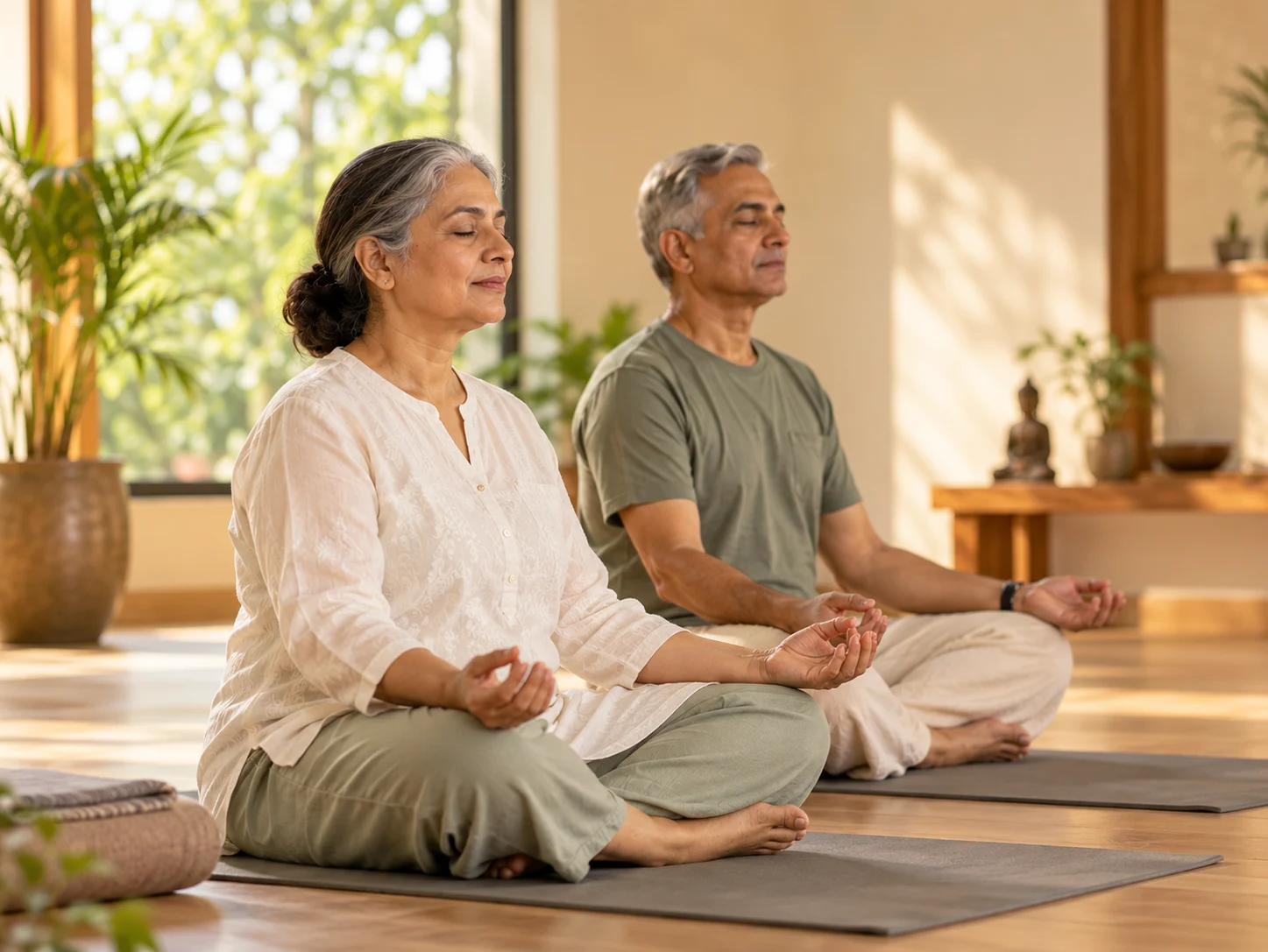 Two older students meditating