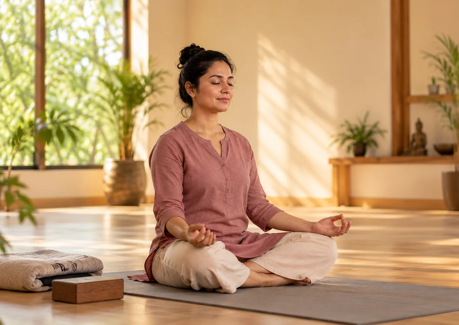 Student seated comfortably on a mat at the start of practice