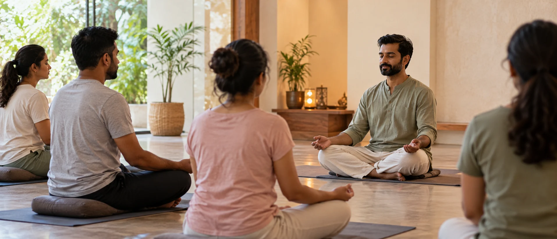Group practising seated yoga and meditation beside the Ganges in Rishikesh
