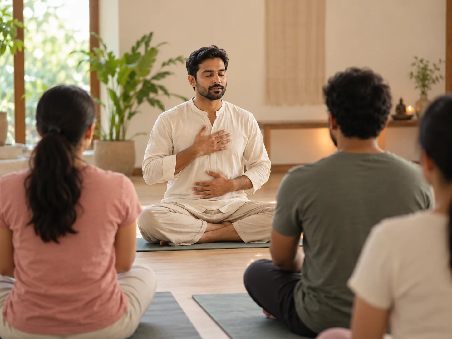 Teacher guiding a small seated group through practice in a bright studio
