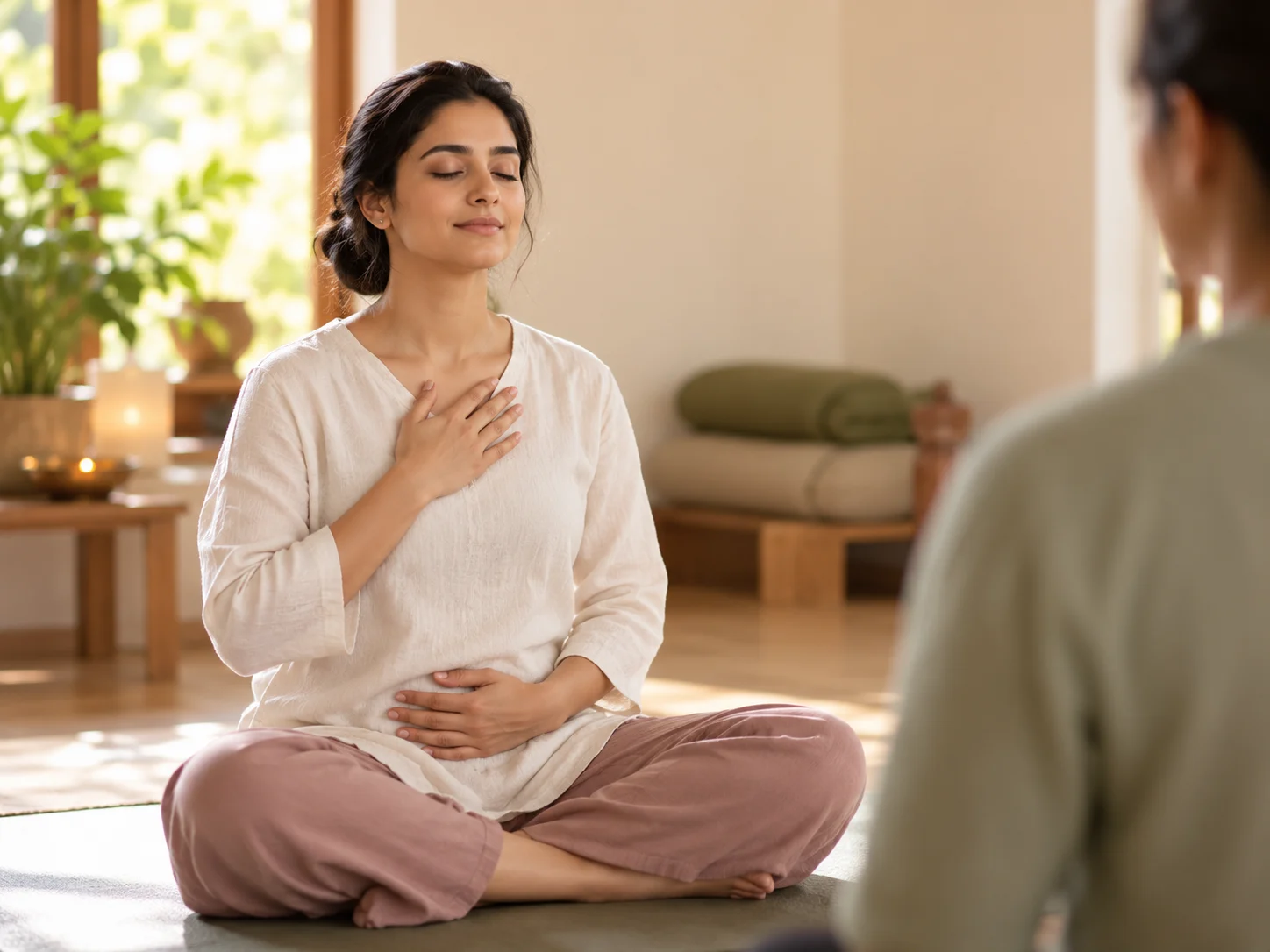 Student breathing with a hand on the chest