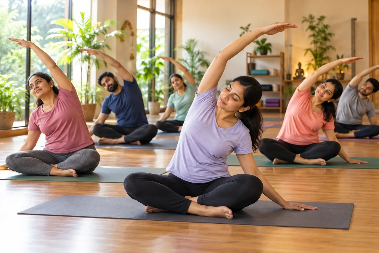 Morning group Yoga batch practising together at Anahat Yoga in Pune
