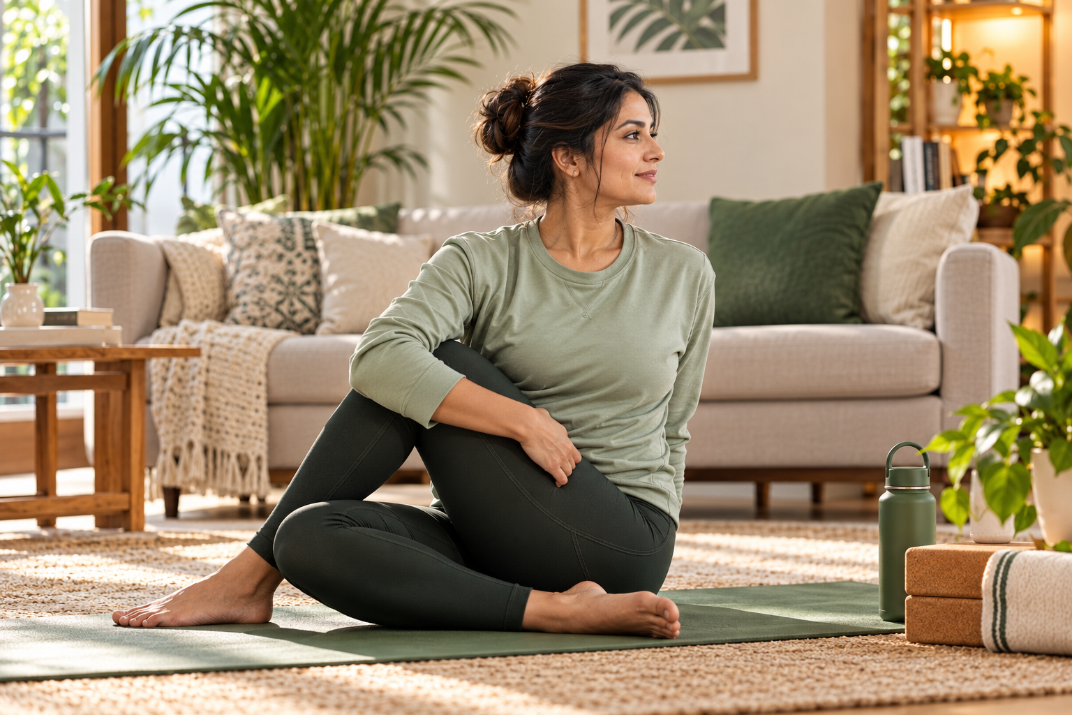 Client practising a gentle seated twist at home between personal sessions