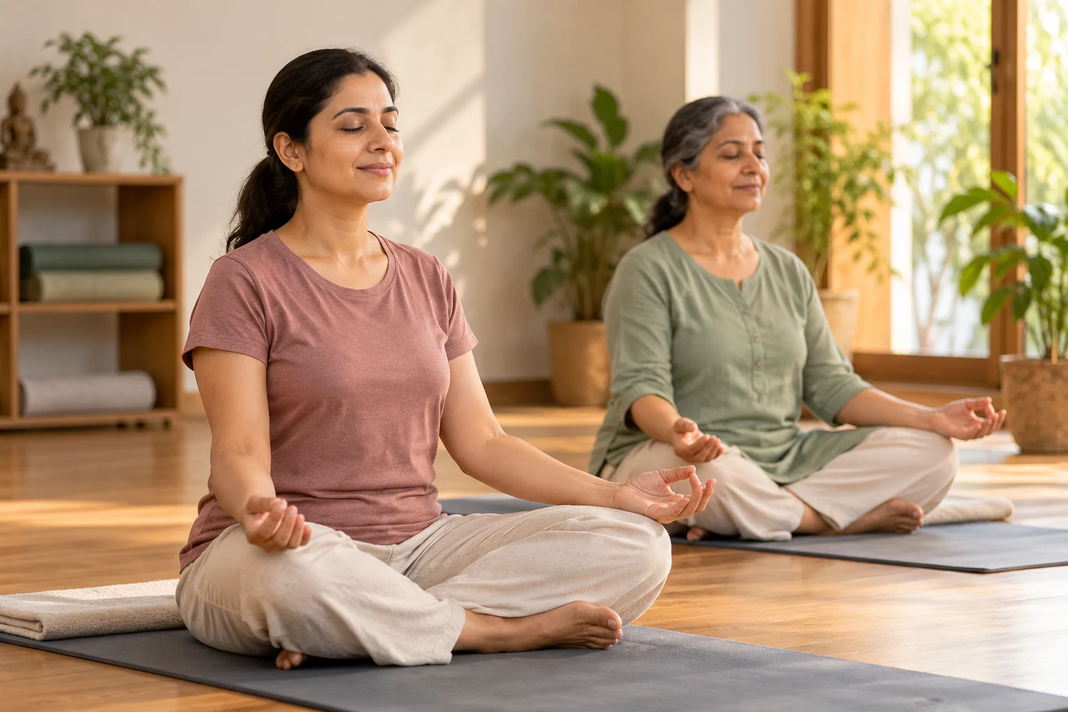 Two students meditating in a bright studio