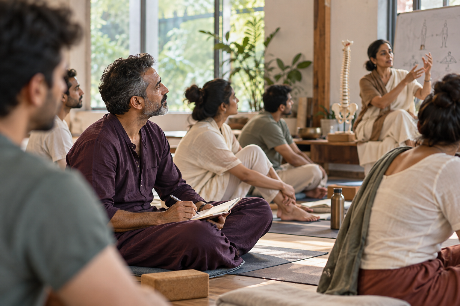 Students closing a class with hands in namaste