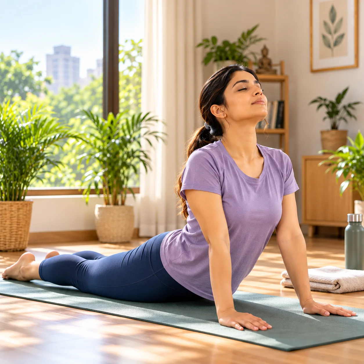 Student practising a Surya Namaskar sun salutation