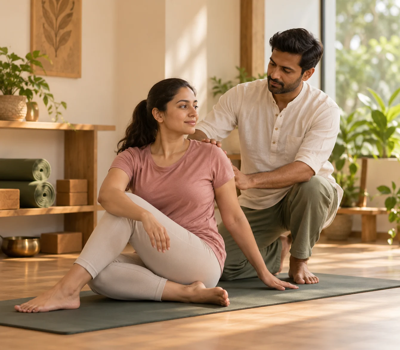 Teacher guiding a woman through a seated twist in a PCOS PCOD yoga class