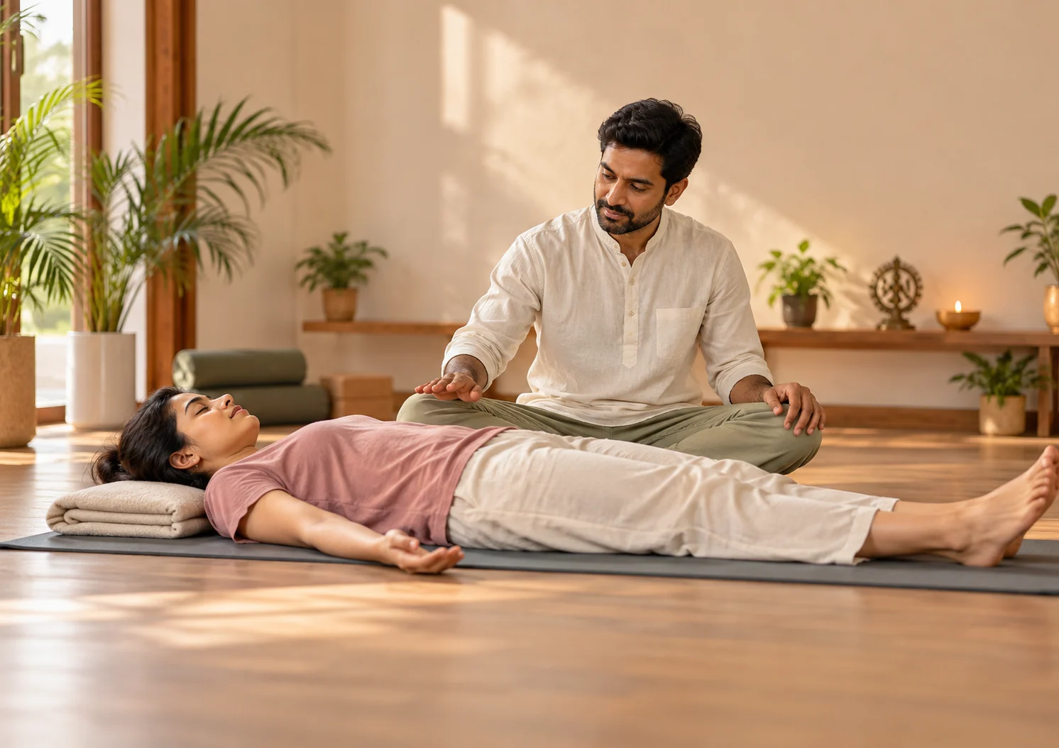 Student sitting in stillness on a mat after practice