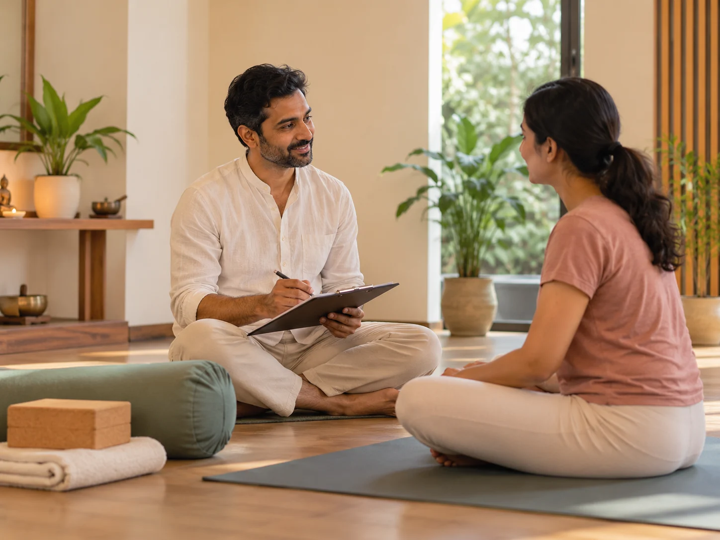 Students arriving for class with their yoga mats