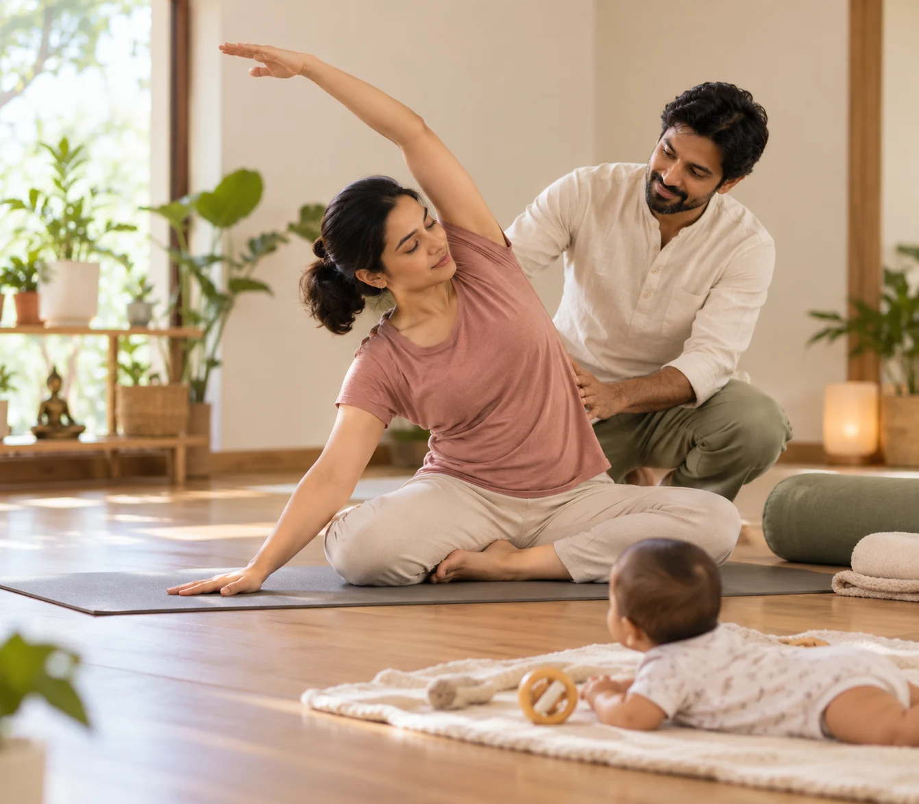 New mother in a gentle postnatal yoga class