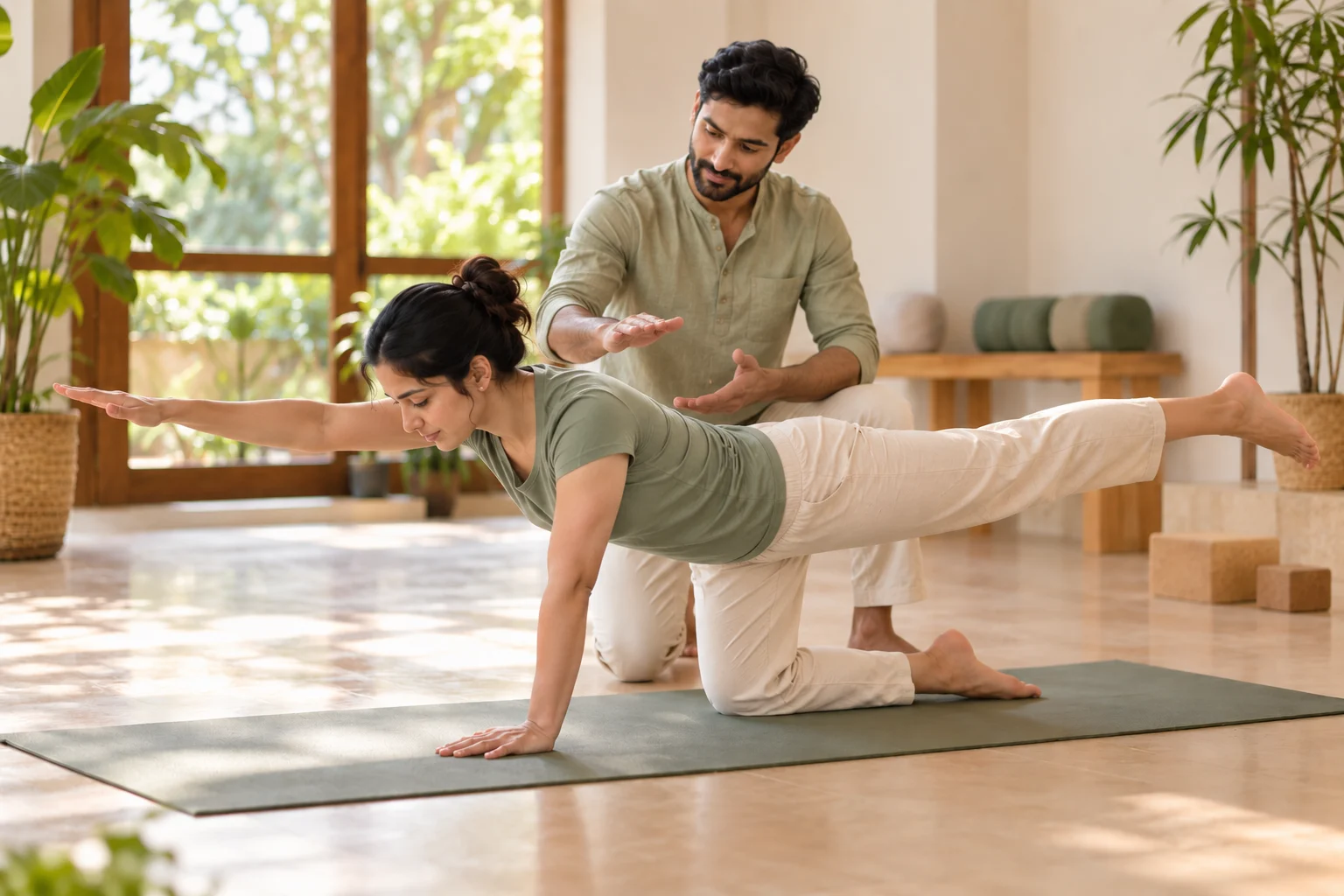 Student in a calm, focused seated practice with eyes closed