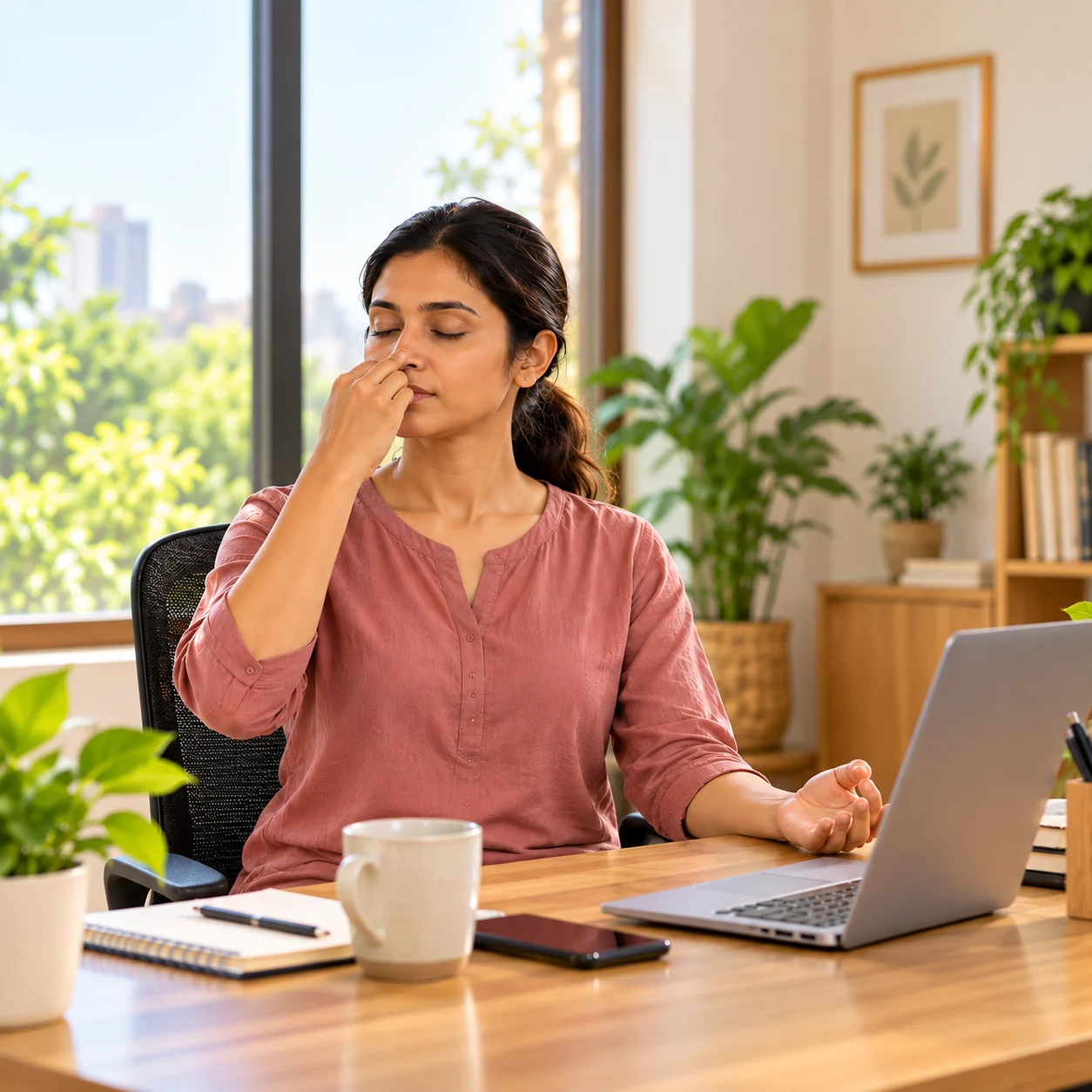 Working professional using a pranayama breathing technique at their desk in Pune