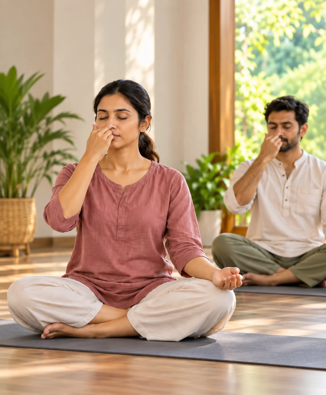 Hand resting in gyan mudra during seated pranayama practice
