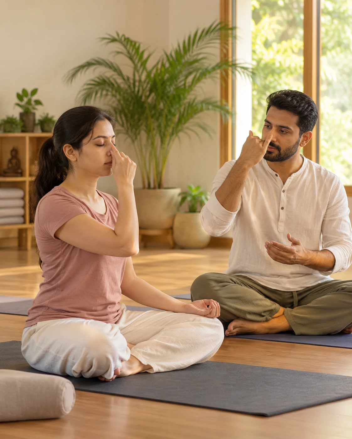 Teacher guiding a student through alternate nostril breathing in a pranayama class at Anahat Yoga, Baner