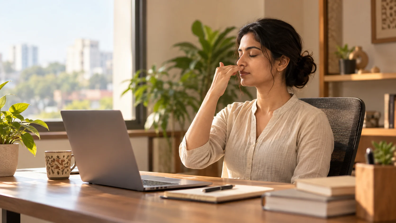 Professional practising breathing at a laptop
