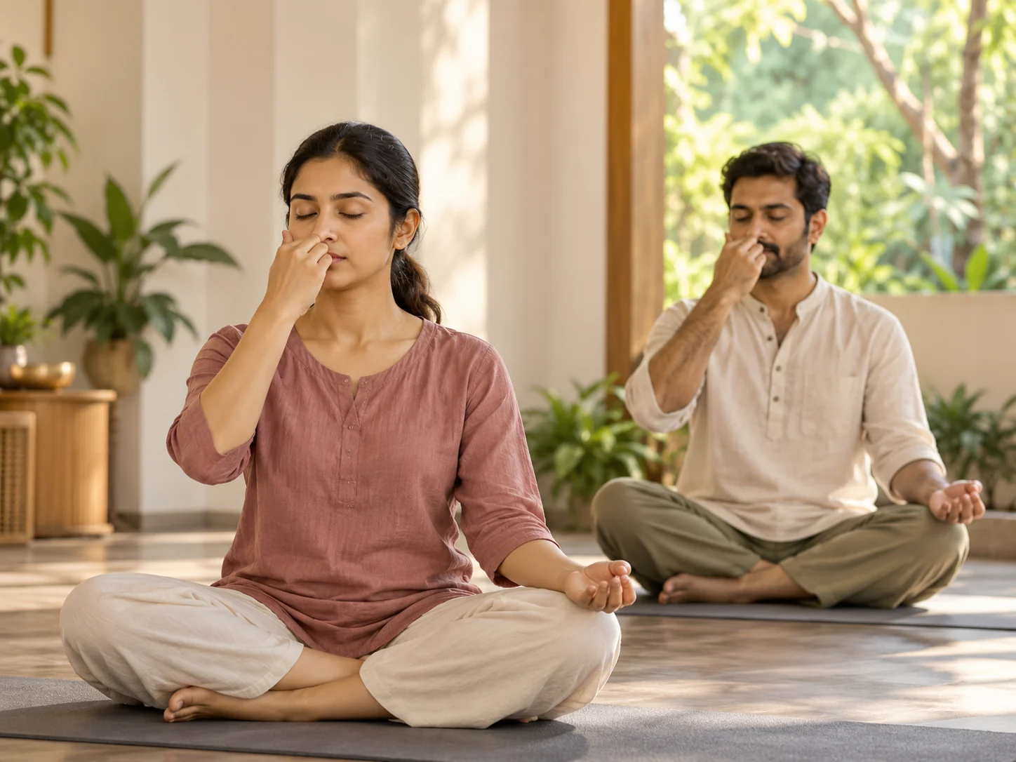 Alternate nostril breathing during a pranayama class in Balewadi
