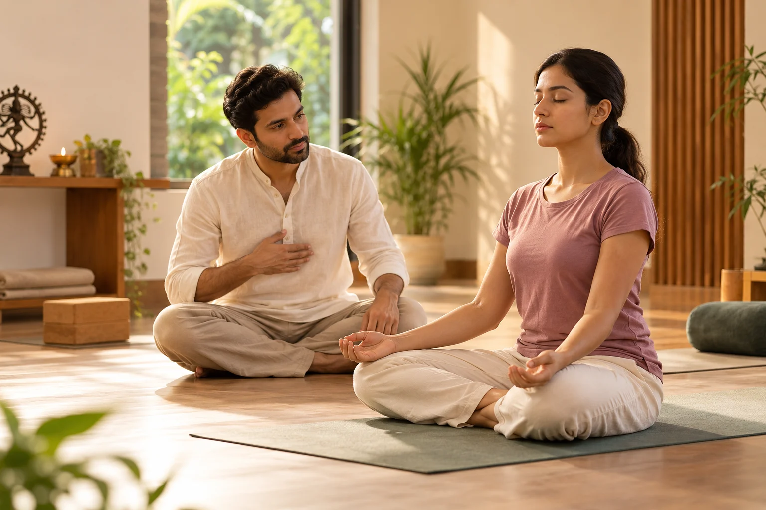 Beginner with one hand on the chest and one on the belly, learning breath awareness