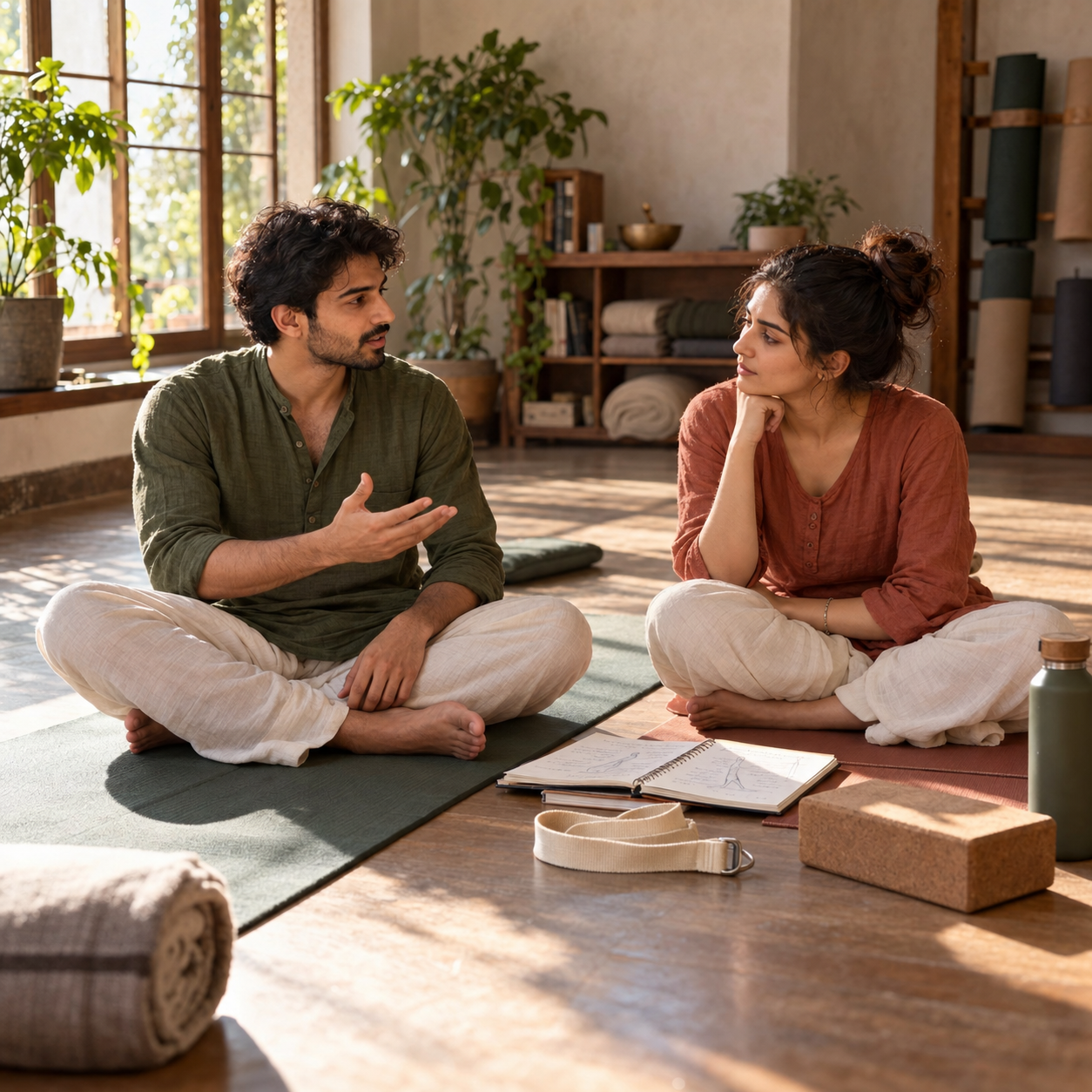 Students of different ages practising seated together in a bright studio